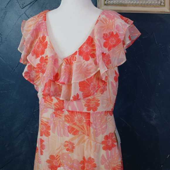 Lulus Cream & Hues of Pink Chiffon Maxi Dress Women's Floral Ruffled Size L - Picture 2 of 13